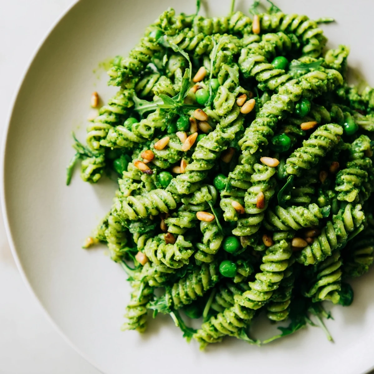 A close-up of Spring Green Pesto Pasta Salad, highlighting glossy pasta coated in homemade pesto, bright green peas, and peppery arugula.