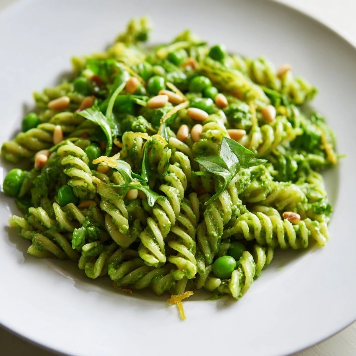 Freshly made Spring Green Pesto Pasta Salad served in a white bowl, garnished with toasted pine nuts and lemon zest for a spring picnic.