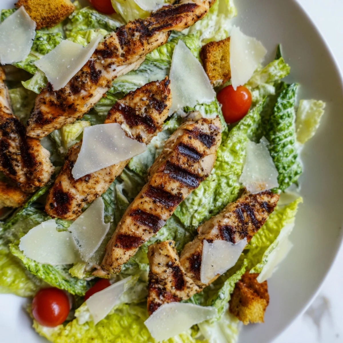 Grilled chicken strips on crisp romaine lettuce with creamy yogurt Caesar dressing and croutons.