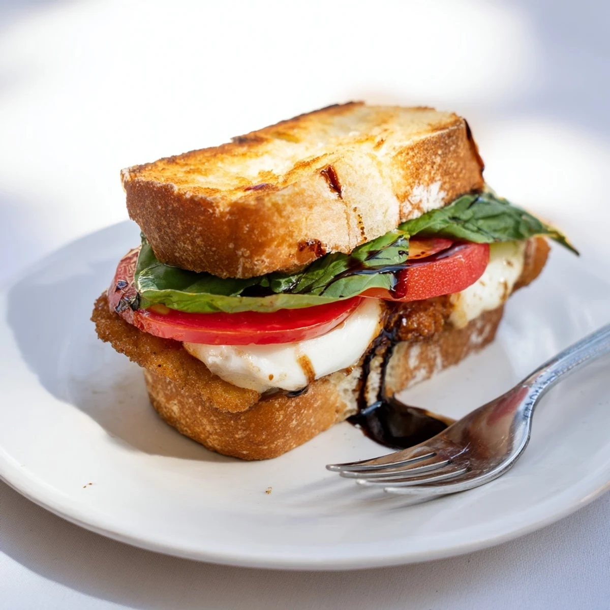 Golden, breaded chicken breasts topped with melted mozzarella, fresh basil, and ripe tomatoes stacked on a toasted ciabatta roll for a Crispy Chicken Caprese Sandwich.  