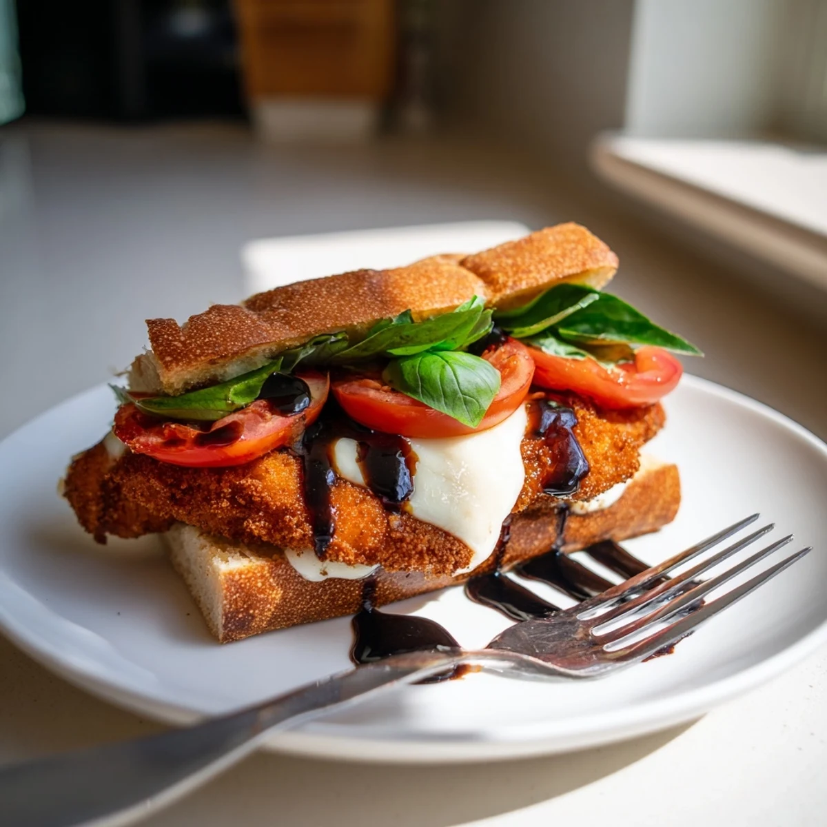 A close-up view of a Crispy Chicken Caprese Sandwich, showcasing crunchy panko breading and vibrant red tomato slices on a rustic ciabatta roll.  