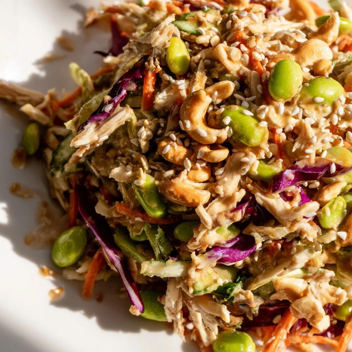 A vibrant bowl of Edamame Crunch Chicken Salad tossed with crisp cabbage, carrots, and edamame in a zesty ginger dressing.