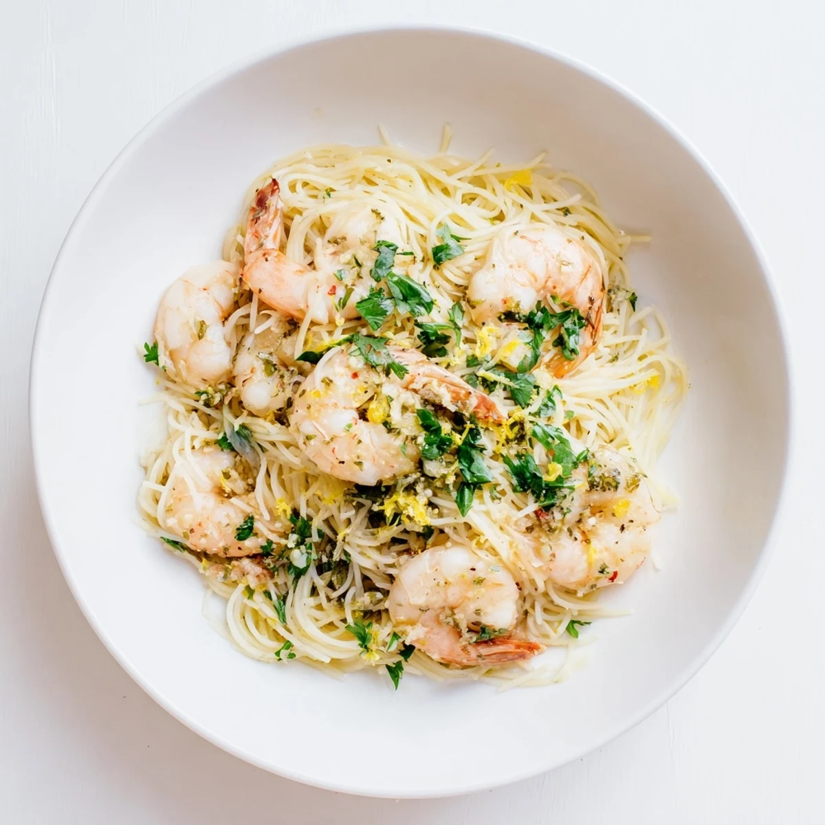 Savory Lemon Butter Shrimp Pasta Lite is served in a white bowl, garnished with lemon wedges for a bright finish.  