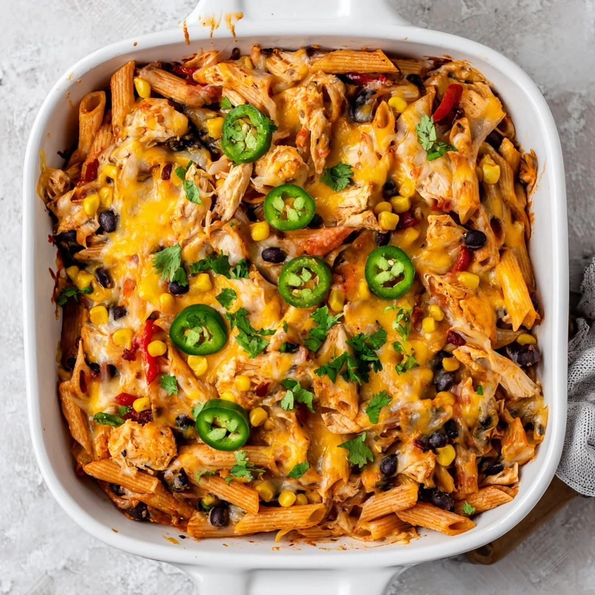 A close-up of the finished Chicken Burrito Pasta Bake, with melted cheddar and Monterey Jack cheese bubbling over penne and black beans.