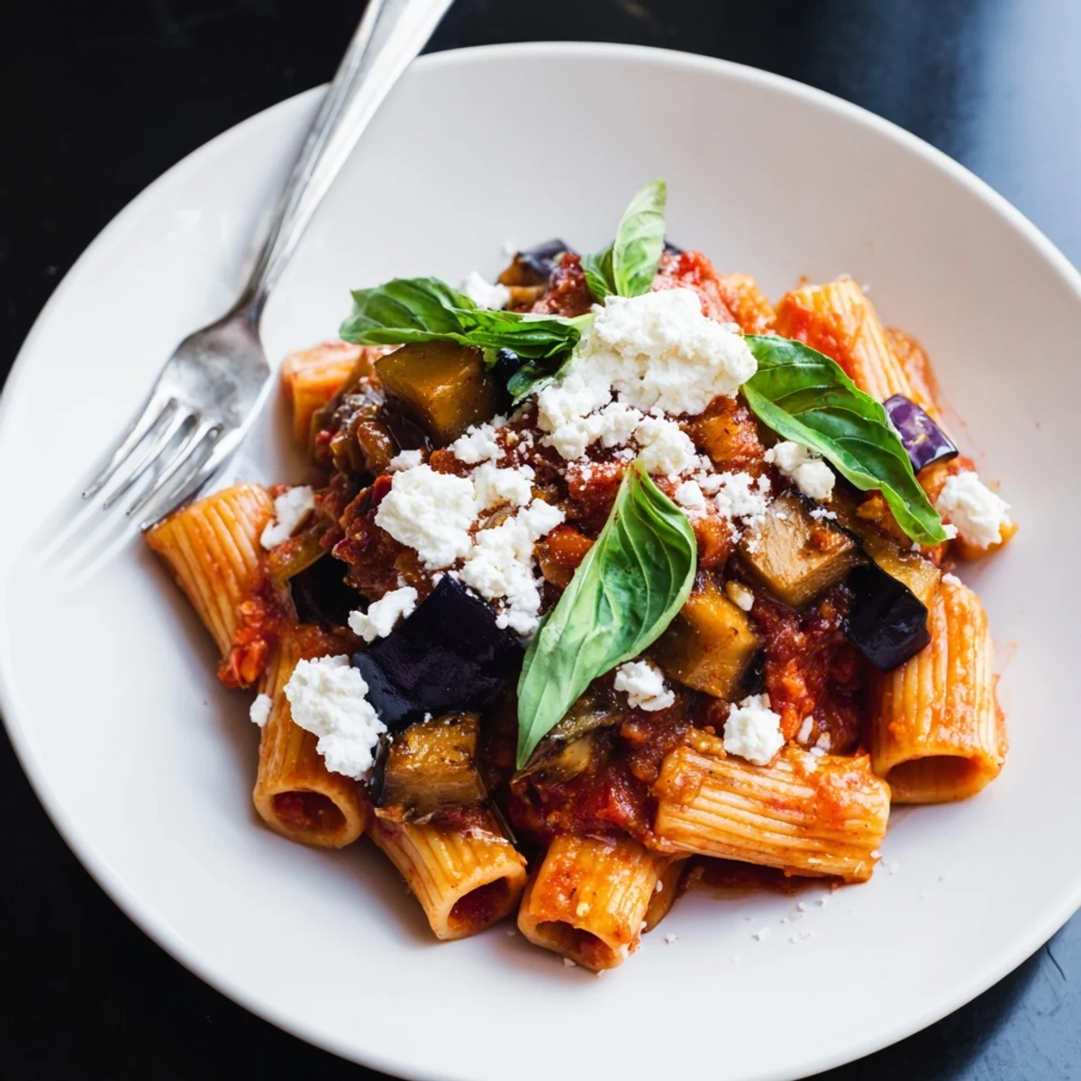 Golden roasted eggplant cubes and rigatoni coated in a vibrant, chunky tomato sauce, garnished with fresh basil and ricotta salata for this Pasta Alla Norma.