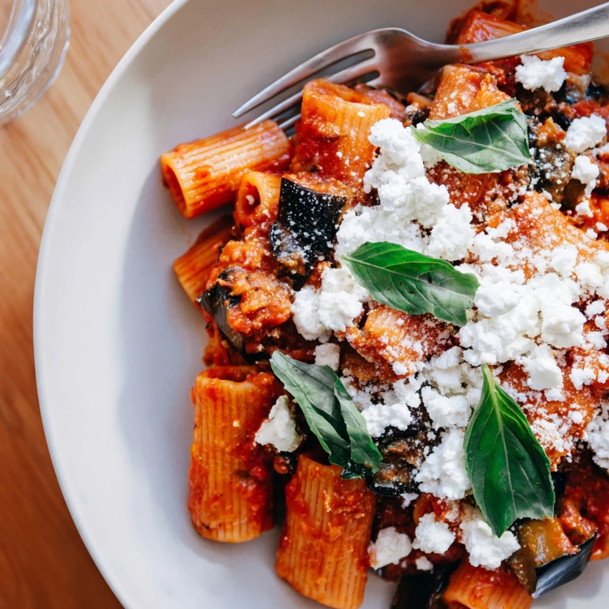 Close-up of Sicilian Pasta Alla Norma showcasing roasted eggplant, saucy rigatoni, and a sprinkle of ricotta salata, ready to be served for a vegetarian dinner.