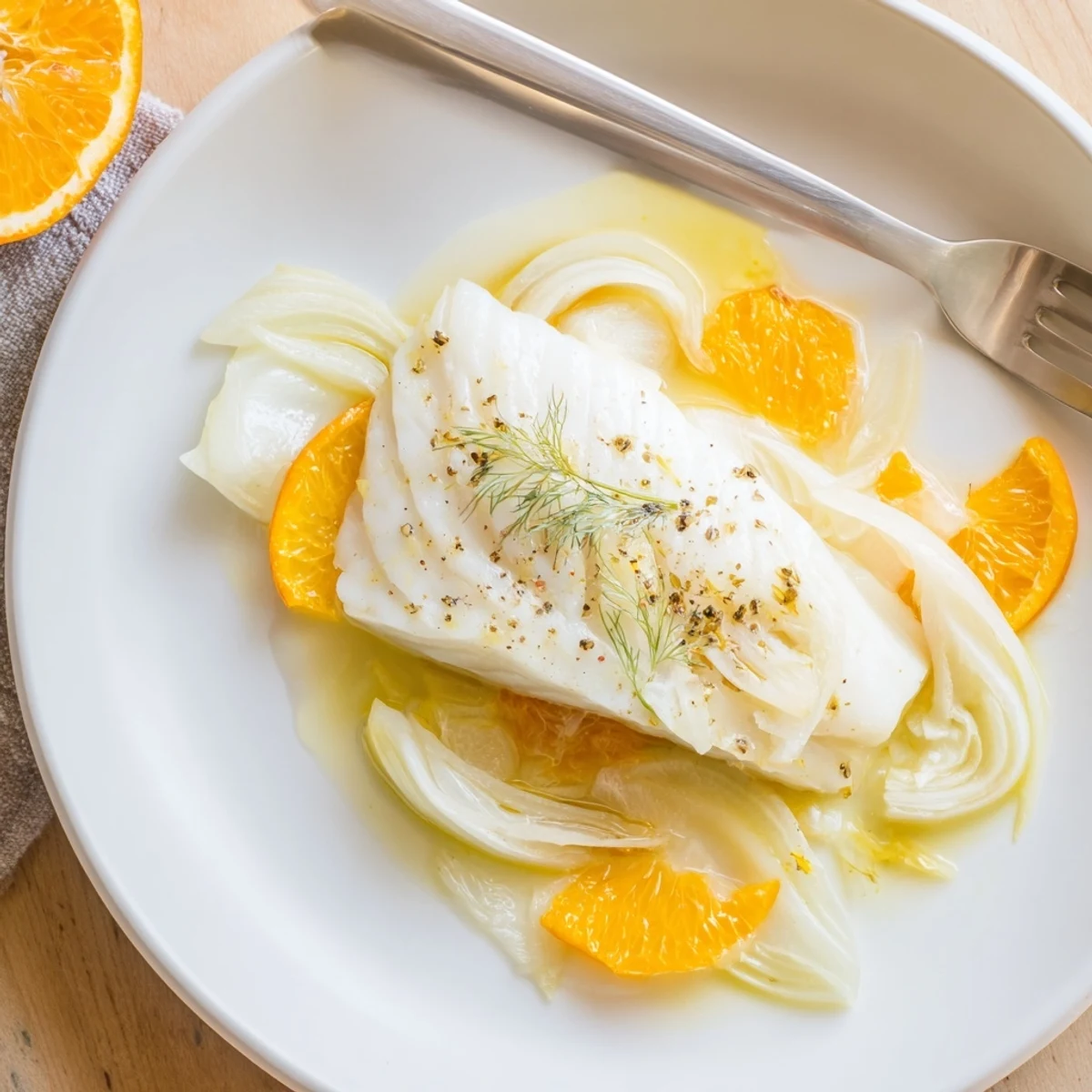 Freshly poached cod fillets nestled with tender fennel slices and bright orange in an aromatic broth, served ready to eat.  
