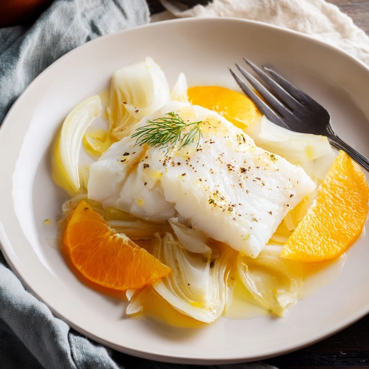 A close-up view of delicate Poached Cod with Fennel and Orange, highlighting the moist fish and citrusy, herb-infused sauce.