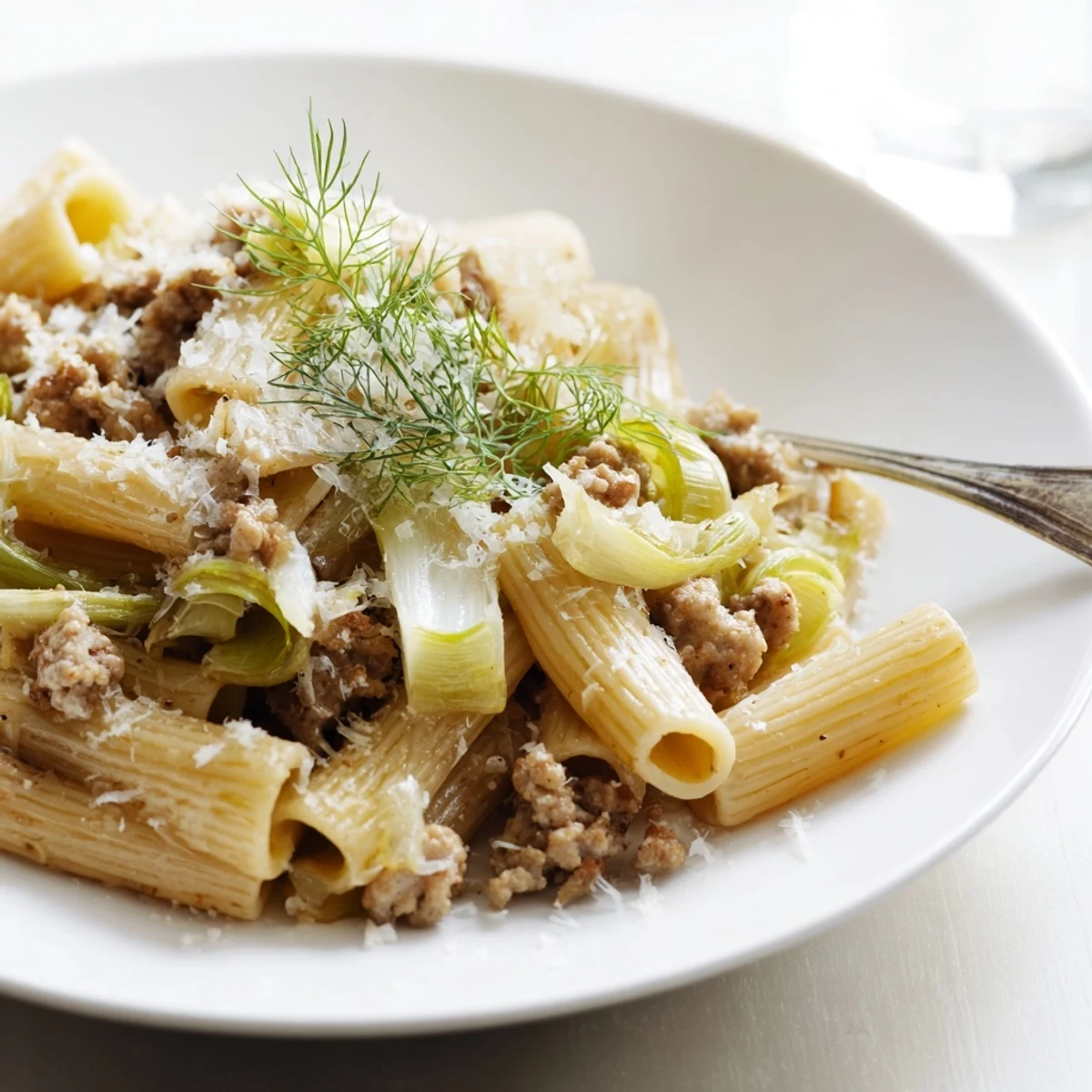 A close-up of Winter Pasta with Sausage and Fennel in a skillet, garnished with fennel fronds and Parmesan, steam rising from the tender pasta.  