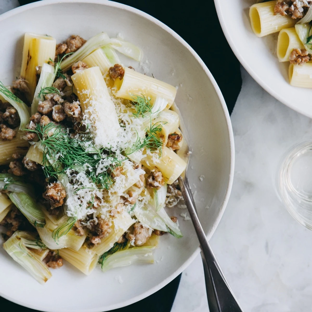 A rustic serving of Winter Pasta with Sausage and Fennel on a wooden table, featuring golden-brown sausage crumbles and vibrant green parsley garnish.
