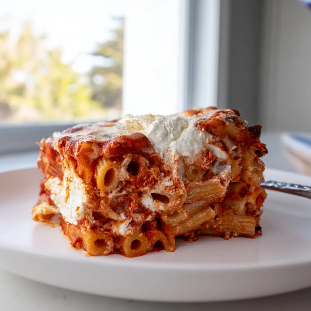 A close-up of a slice of baked ziti lifted from the dish, revealing layers of pasta, rich tomato sauce, creamy ricotta, and melted mozzarella.  