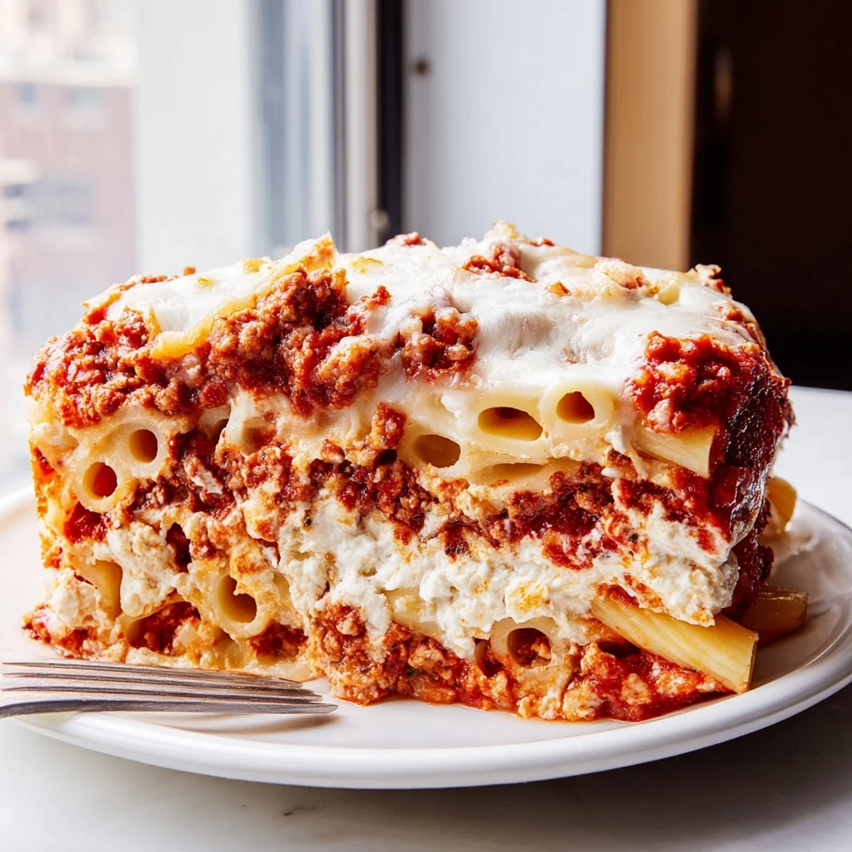 Golden, cheesy Freezer Make-Ahead Baked Ziti fresh from the oven, with steam rising and a rustic serving spoon nearby.