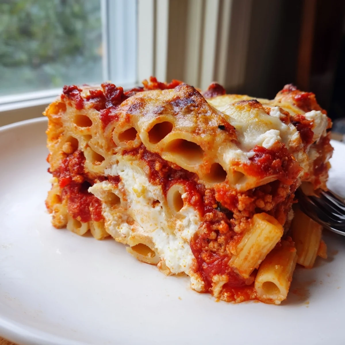Hearty Freezer Make-Ahead Baked Ziti served in a white dish, topped with bubbly golden cheese and fresh basil garnish.  