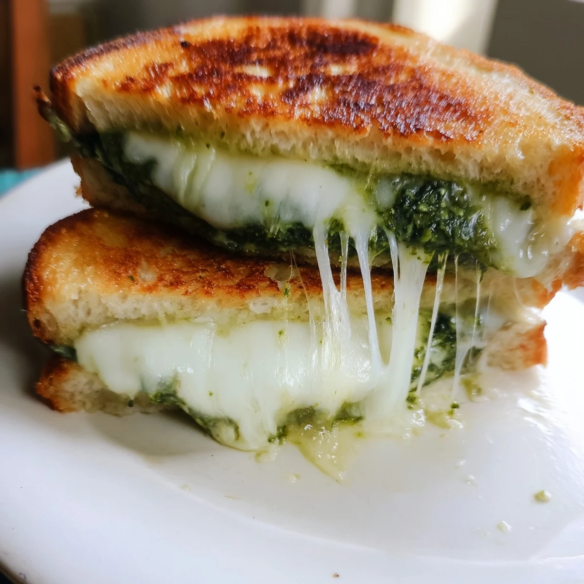 The crispy, golden surface of Spinach Pesto Grilled Cheese reveals melted mozzarella and cheddar inside.