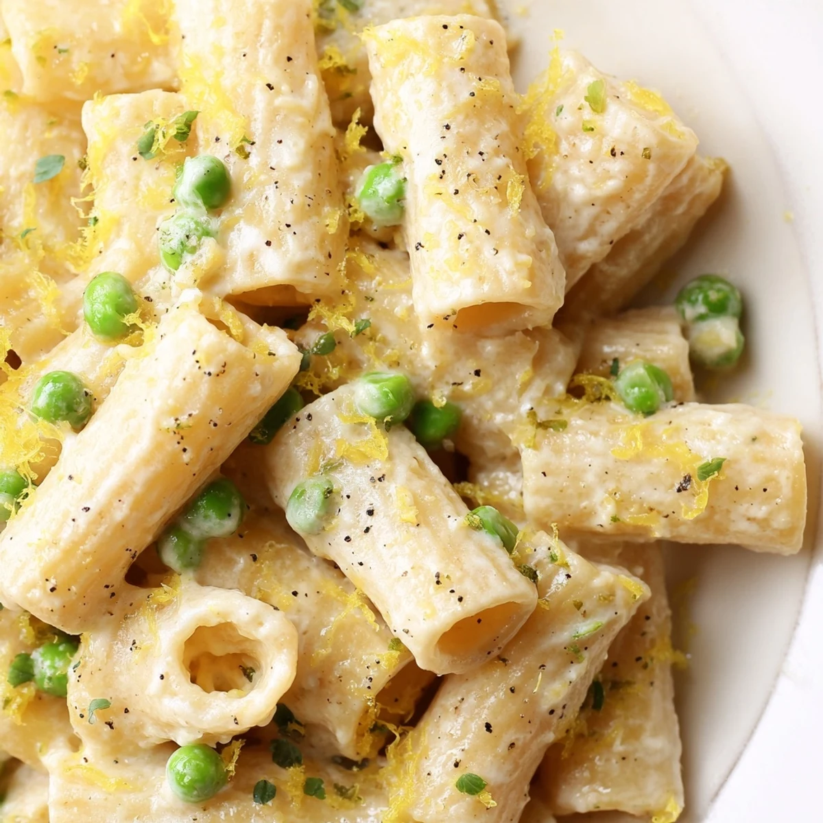 Bright green peas and creamy ricotta toss with al dente rigatoni in a vibrant Pea & Lemon Ricotta Pasta, garnished with fresh basil.  