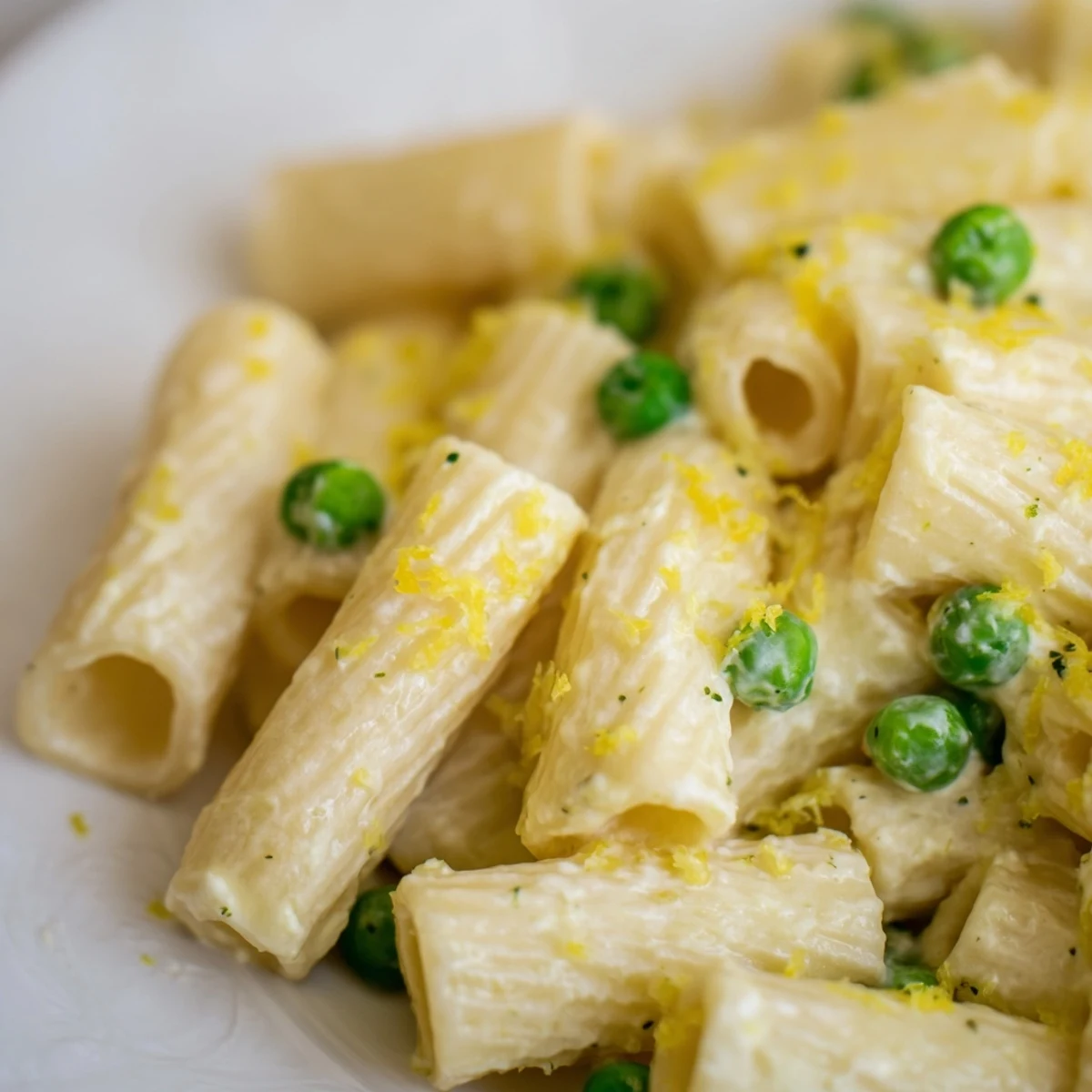 Spring-inspired Pea & Lemon Ricotta Pasta glistens with olive oil, lemon juice, and tender peas on perfectly cooked rigatoni.