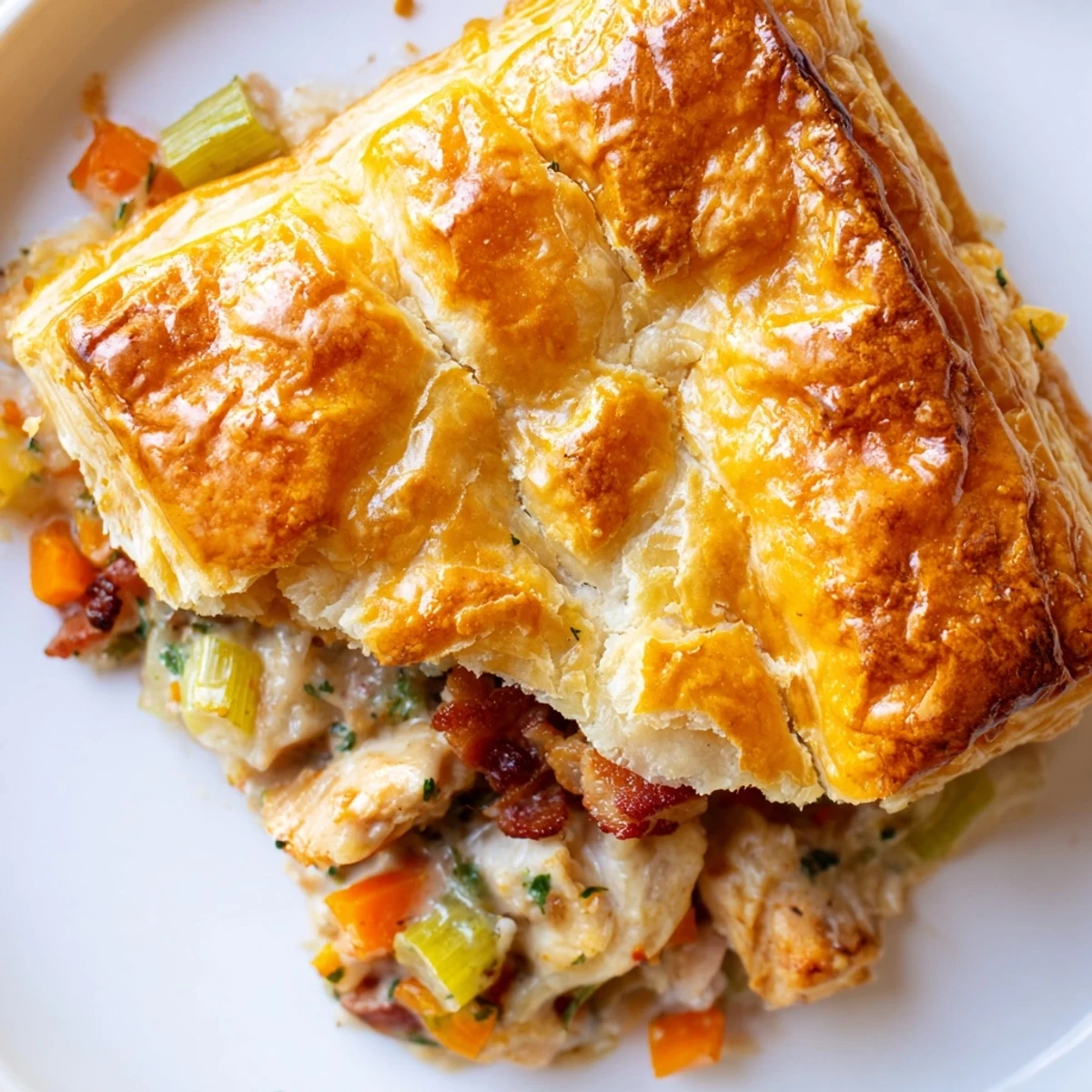 A generous slice of Chicken and Leek Pie on a white plate showcases tender chicken, sautéed leeks, and smoky bacon in a creamy herb sauce.