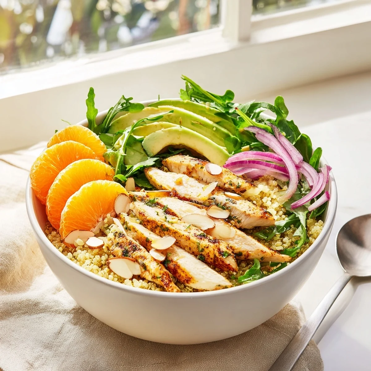 Colorful bowl of grilled herb chicken, crisp salad greens, sweet oranges, and crunchy almonds drizzled with citrus vinaigrette.