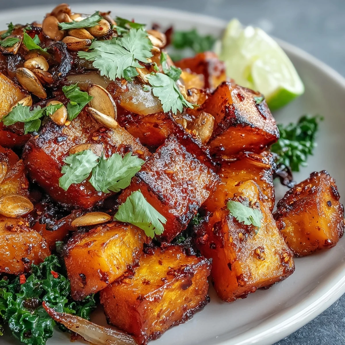 Roasted sweet and spicy red kuri squash bowl, warm autumnal flavors with pumpkin seeds.