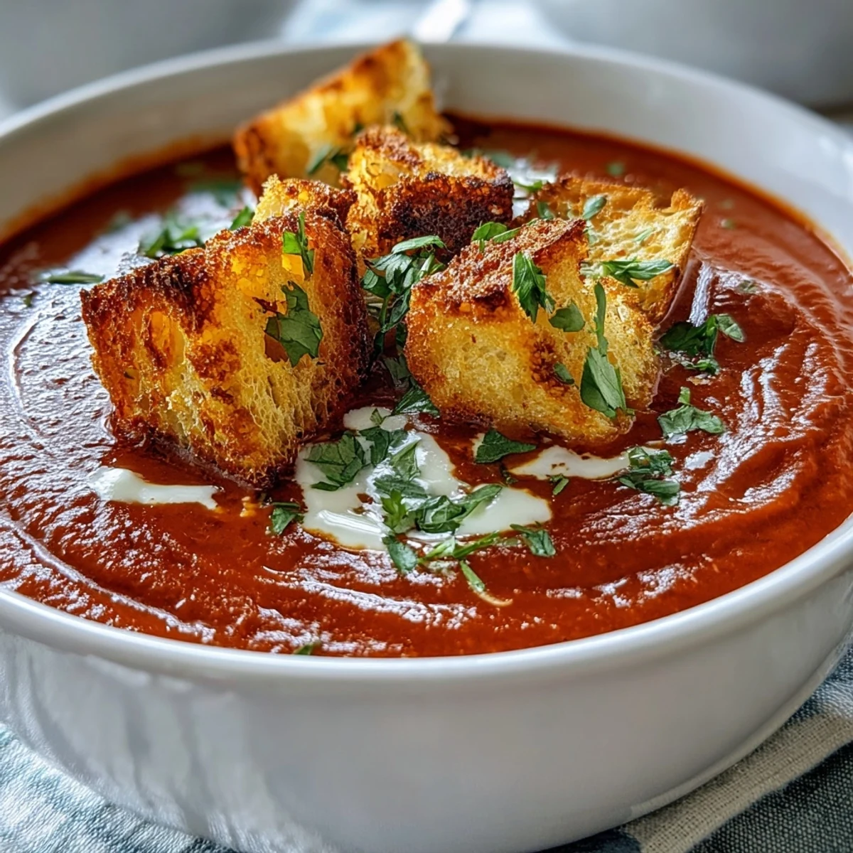 Velvety Roasted Red Pepper Soup with Crispy Croutons garnished with fresh herbs in a rustic bowl.
