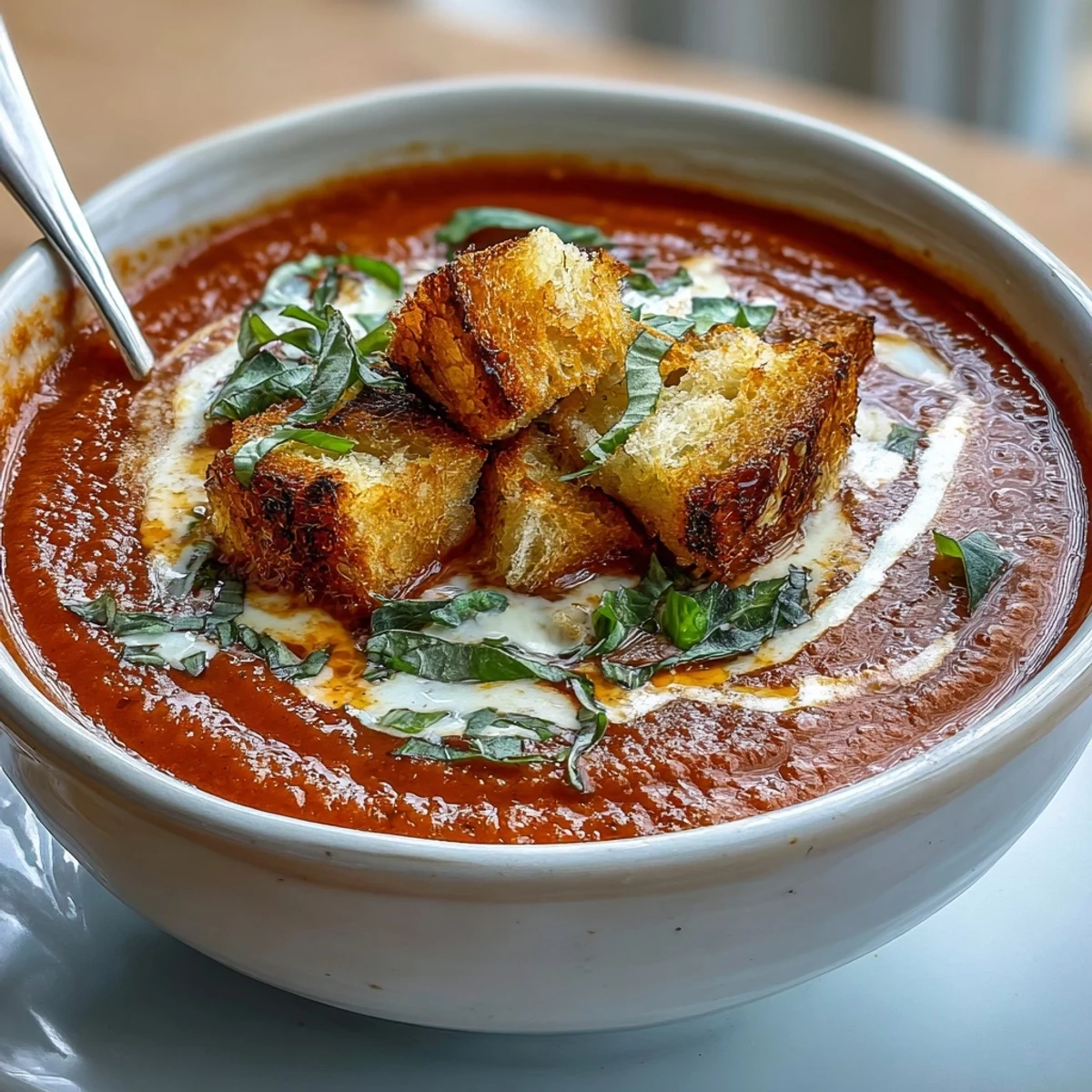 Freshly roasted tomatoes and onions are blended into a creamy roasted tomato soup, garnished with basil and crunchy croutons.