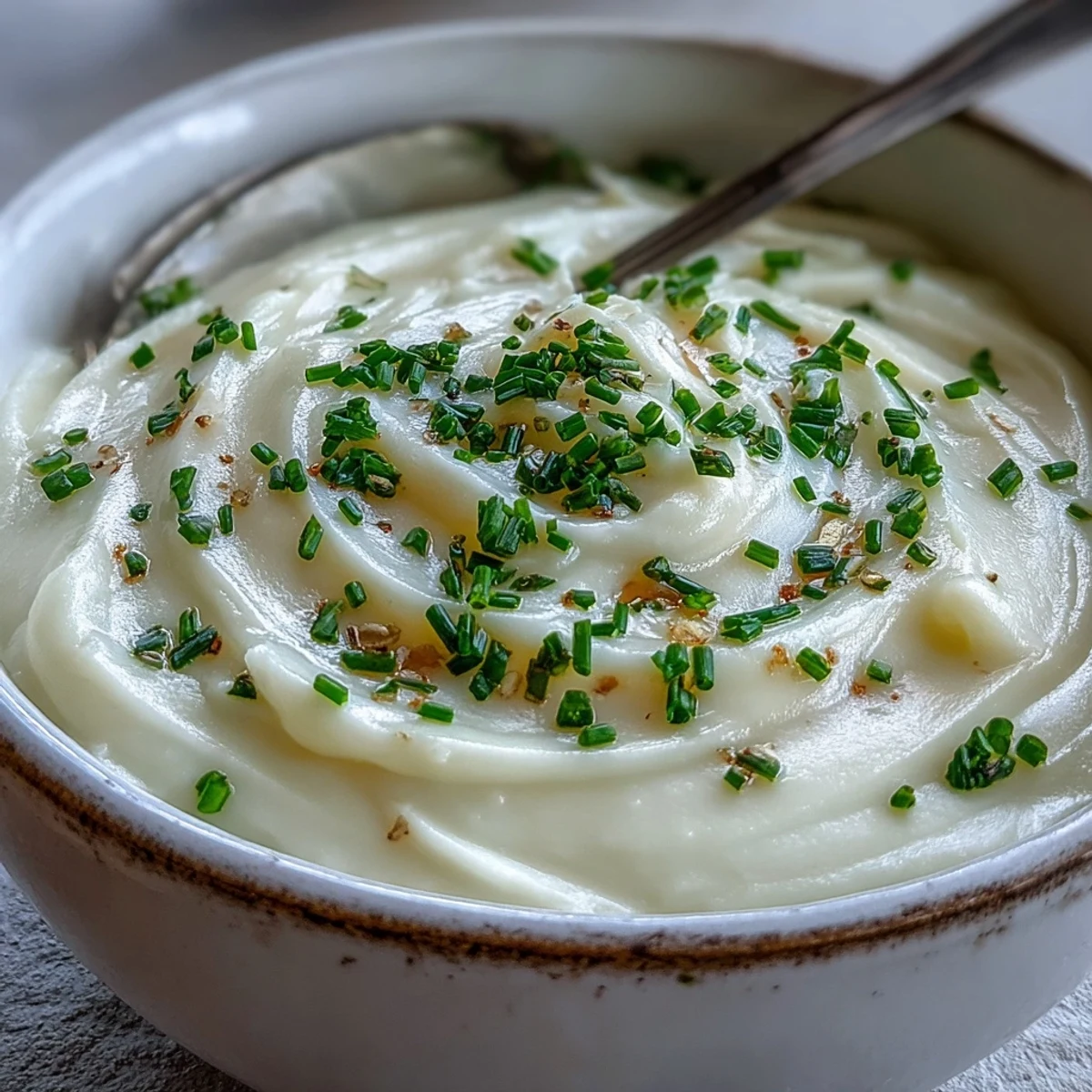 A bowl of creamy potato leek soup garnished with fresh chives and a swirl of cream.