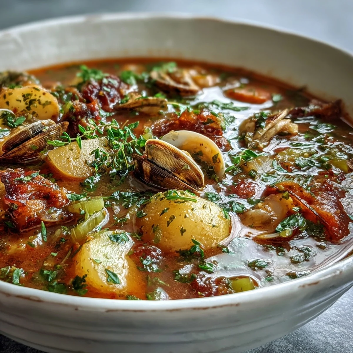 Steaming bowls of Manhattan Clam Chowder feature tender clams and diced potatoes in a rich red tomato broth.