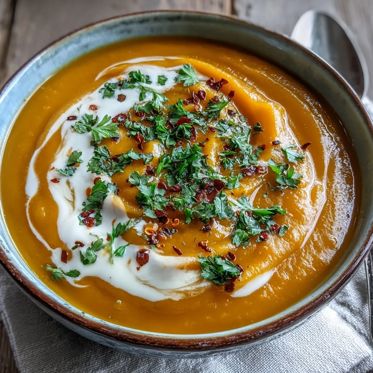 Creamy orange Carrot and Lentil Soup simmering with spices, topped with fresh herbs and a coconut swirl.