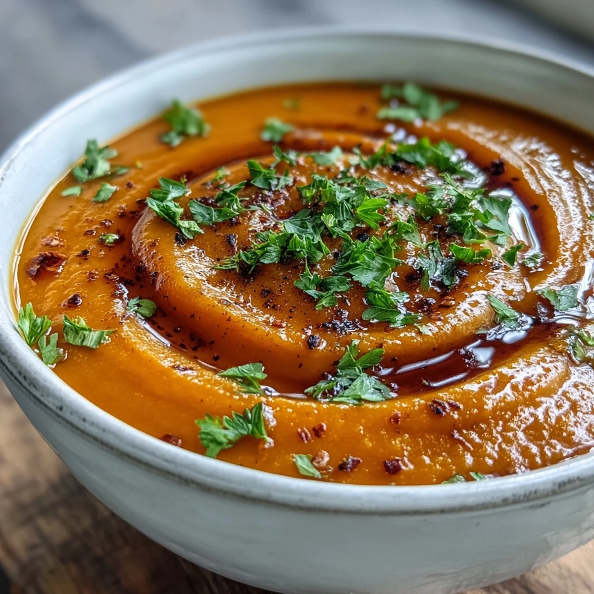 Steaming bowl of Carrot Ginger Soup, velvety bright orange puree topped with a coconut milk swirl and fresh cilantro.