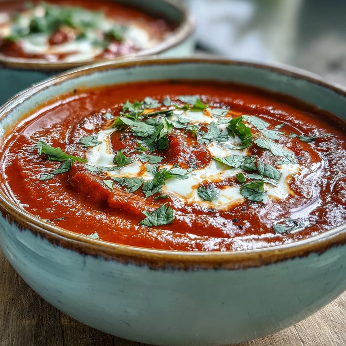 Roasted Red Pepper Soup in a rustic bowl with a swirl of creamy yogurt and fresh cilantro garnish.