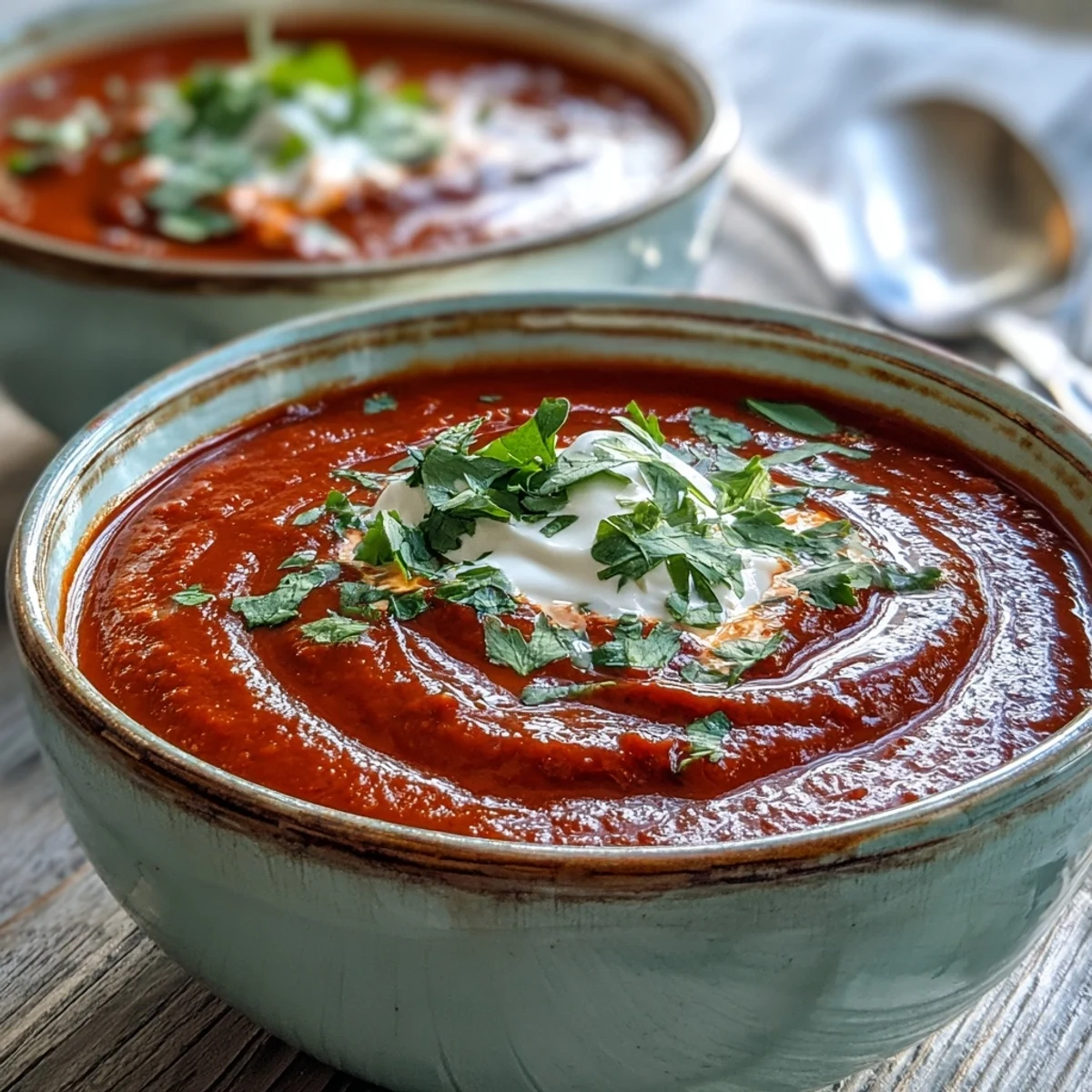 Smooth Roasted Red Pepper Soup with a hint of harissa, steaming warmly in a ceramic bowl.