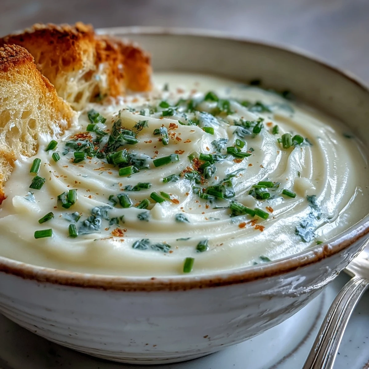 Cream of Potato Soup steaming in a white bowl, topped with cheddar cheese, crumbled bacon, and fresh chives.