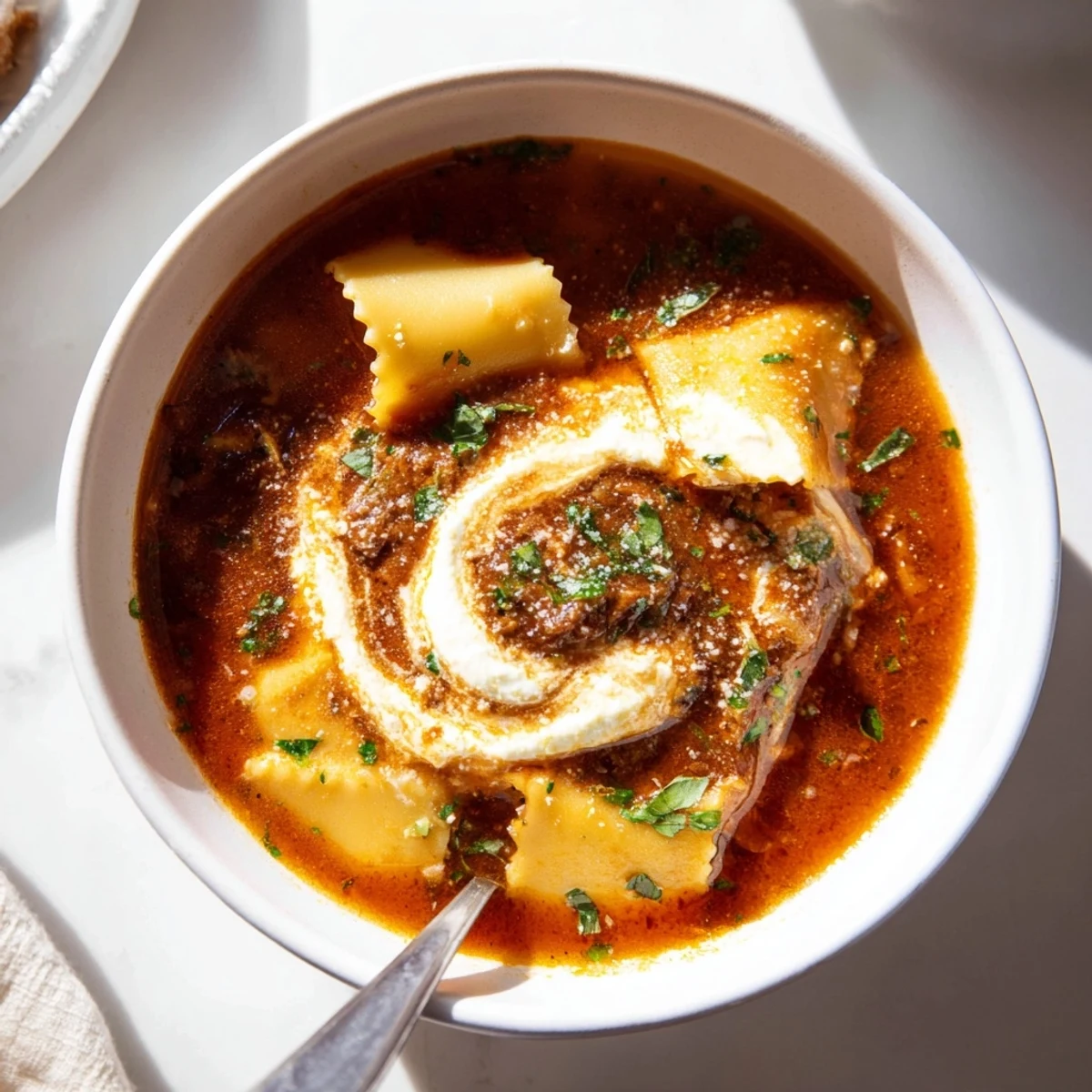 Rich Lasagne Soup with Caramelized Onion Swirl topped with creamy cheeses and herbs.  