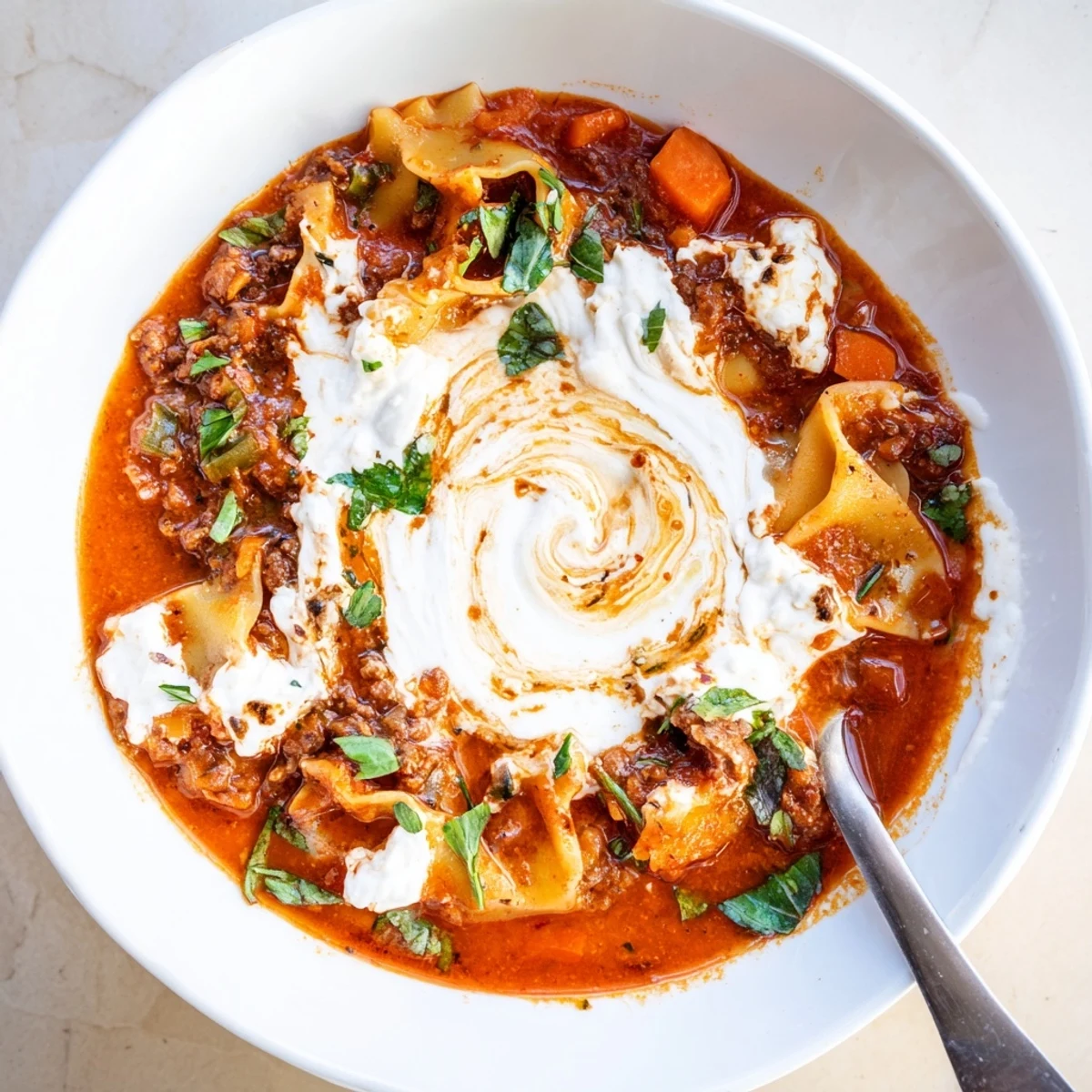Hearty Lasagne Soup with Caramelized Onion Swirl, topped with creamy cheese and fresh herbs.  
