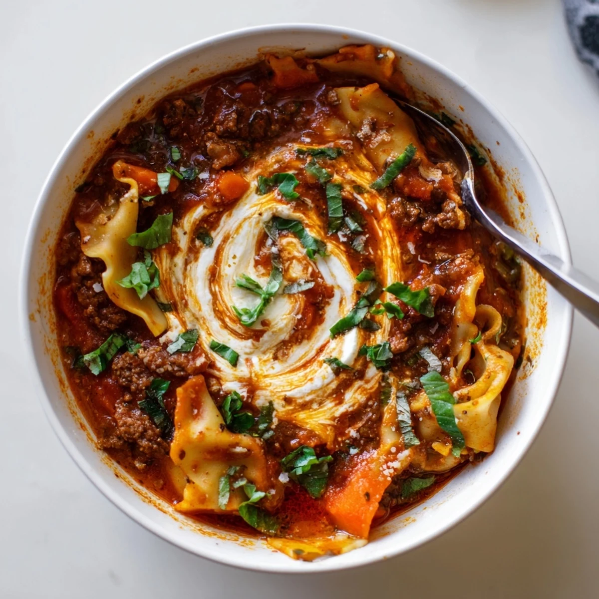 Warm and comforting Lasagne Soup with Caramelized Onion Swirl, perfect for chilly evenings.  