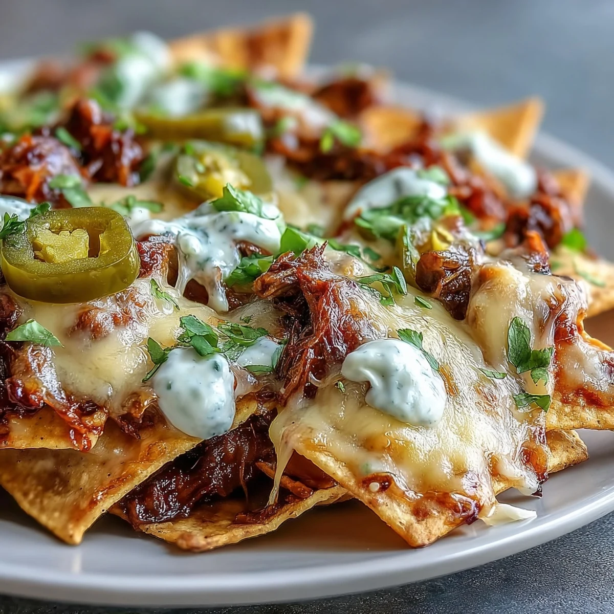 Heaping BBQ Beef Nachos baked with melty cheddar and Monterey Jack, topped with sour cream and fresh cilantro.