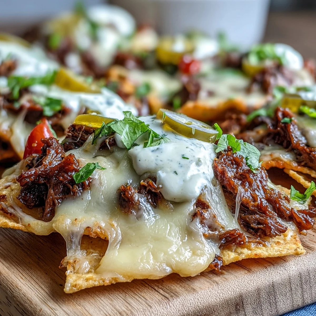 Golden, bubbly cheese on BBQ Beef Nachos served with creamy avocado and red onion for a game day snack.