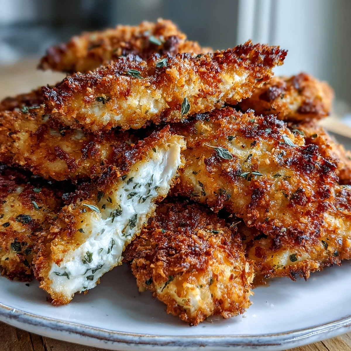 Crispy air fryer chicken strips with golden, crunchy breading and a juicy center, served hot from the appliance.  