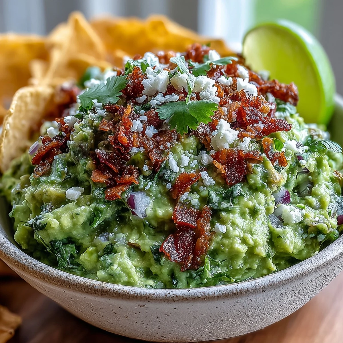 Creamy Bacon Guacamole with Cotija Cheese is topped with crispy bacon crumbles and fresh cilantro, served in a rustic bowl.