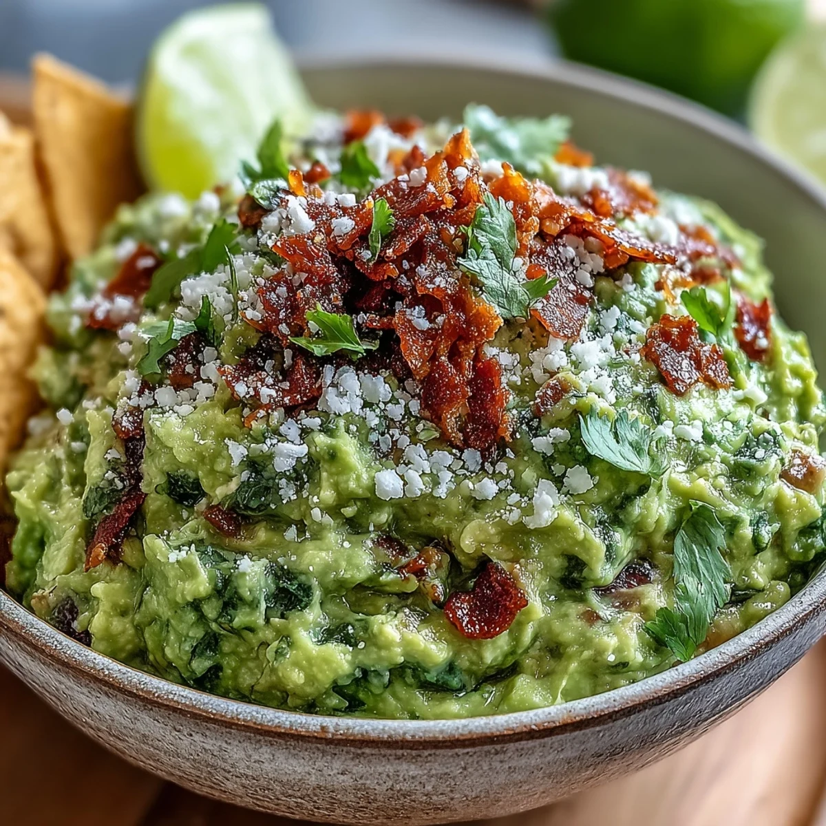 A close-up of Bacon Guacamole with Cotija Cheese highlights vibrant diced tomatoes and onions beside crunchy bacon on ripe avocado.