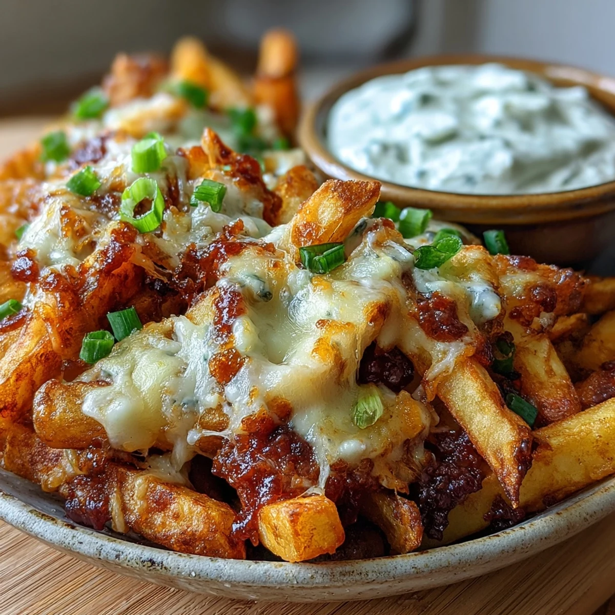 Freshly baked frozen fries loaded with gooey cheddar cheese, smoky BBQ spices, and sliced green onions for serving.