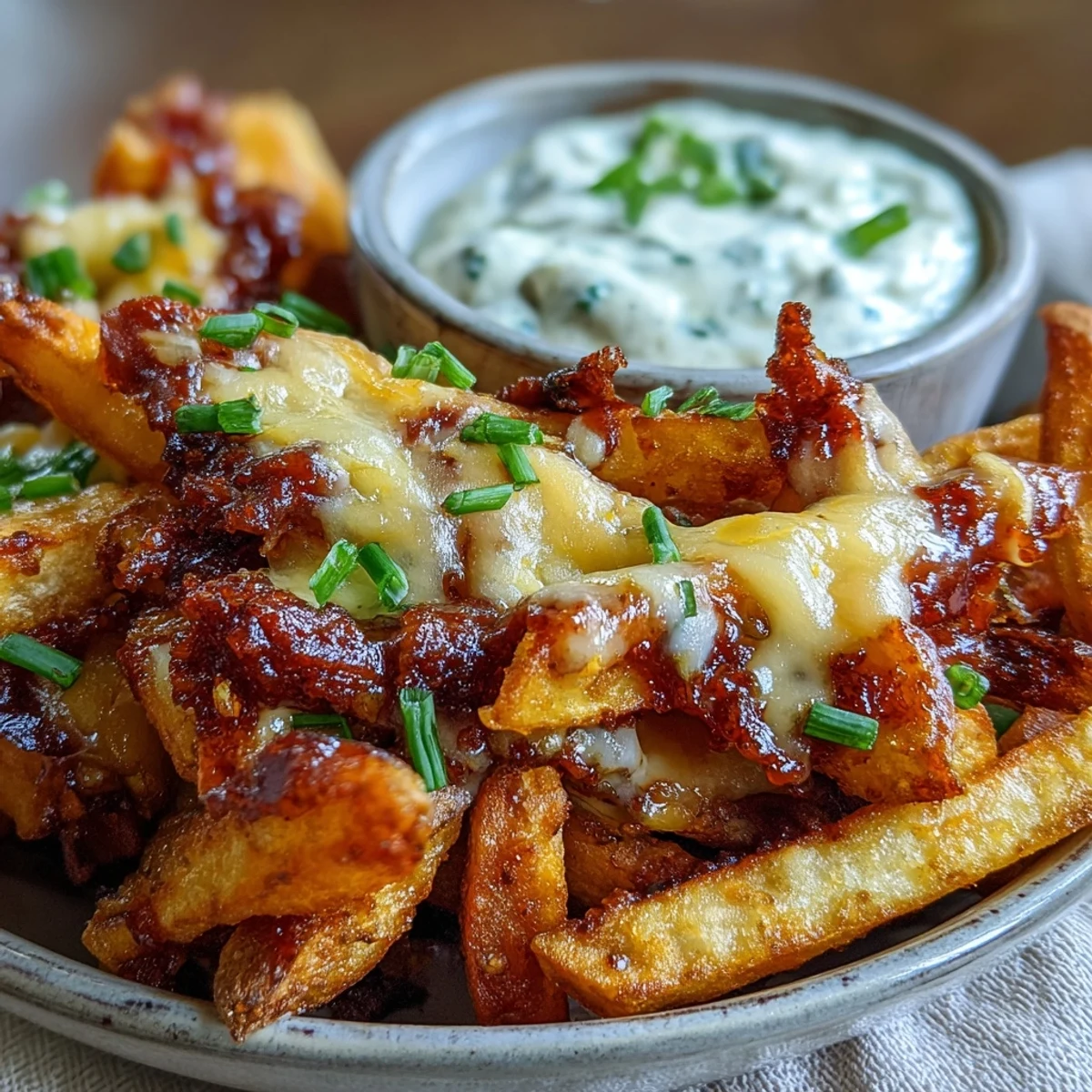 Crispy baked fries smothered in melted cheddar, drizzled with tangy BBQ seasoning, and served with homemade ranch dip.