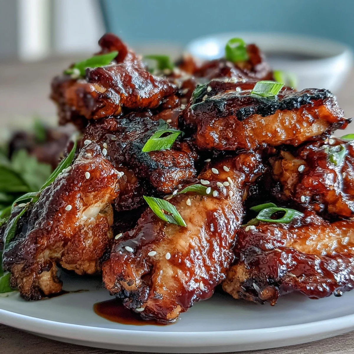 Golden-brown Coca Cola Chicken Wings glisten with sticky glaze, topped with fresh scallions and sesame seeds on a platter.