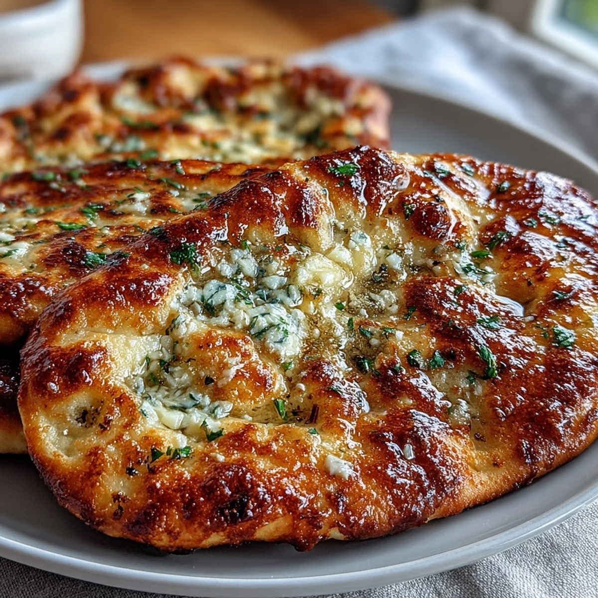 Warm, golden-brown Easy Garlic Naan Bread brushed with melted butter and fresh minced garlic.