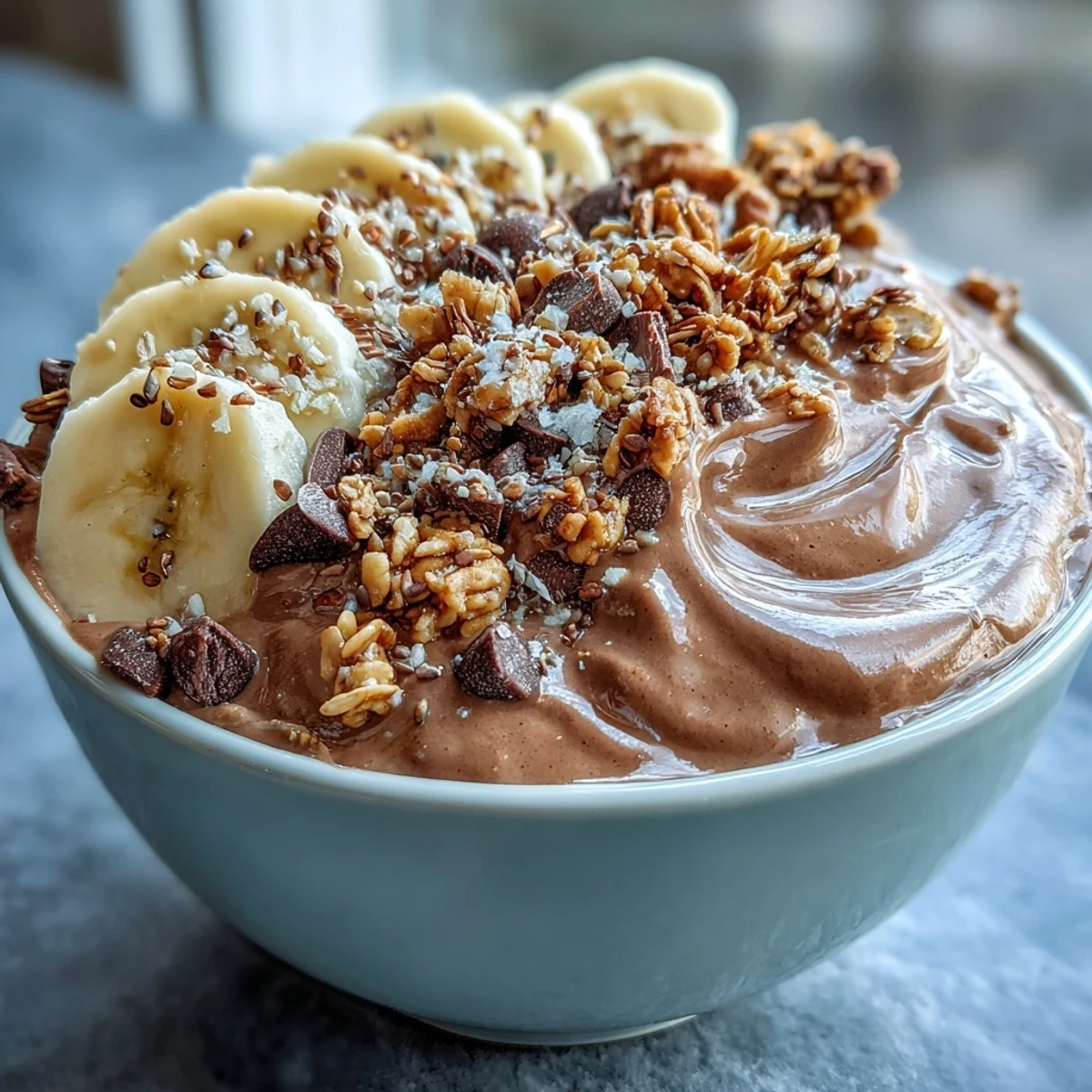 Chunky Monkey Smoothie Bowls swirled thick and creamy, topped with banana slices, crunchy granola, and cacao nibs for breakfast.