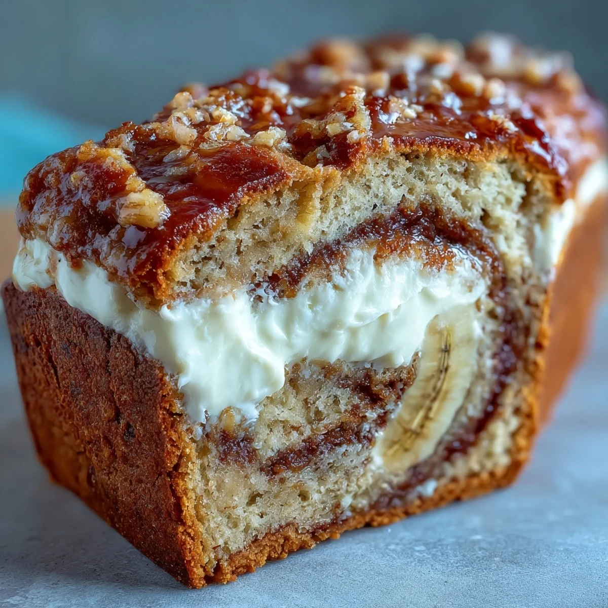 A whole loaf of Cream Cheese Cinnamon Swirl Banana Bread with golden crust and sparkling cinnamon sugar topping on a rustic table.