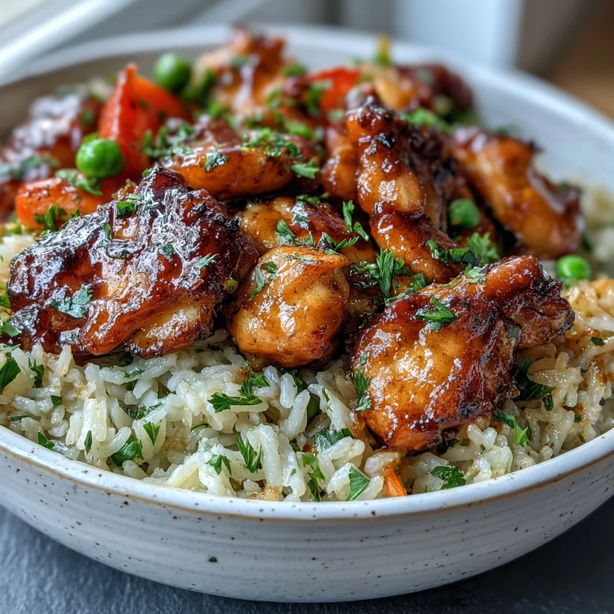 Tender honey BBQ chicken thighs and fluffy rice steam in a covered skillet with colorful bell peppers and peas.