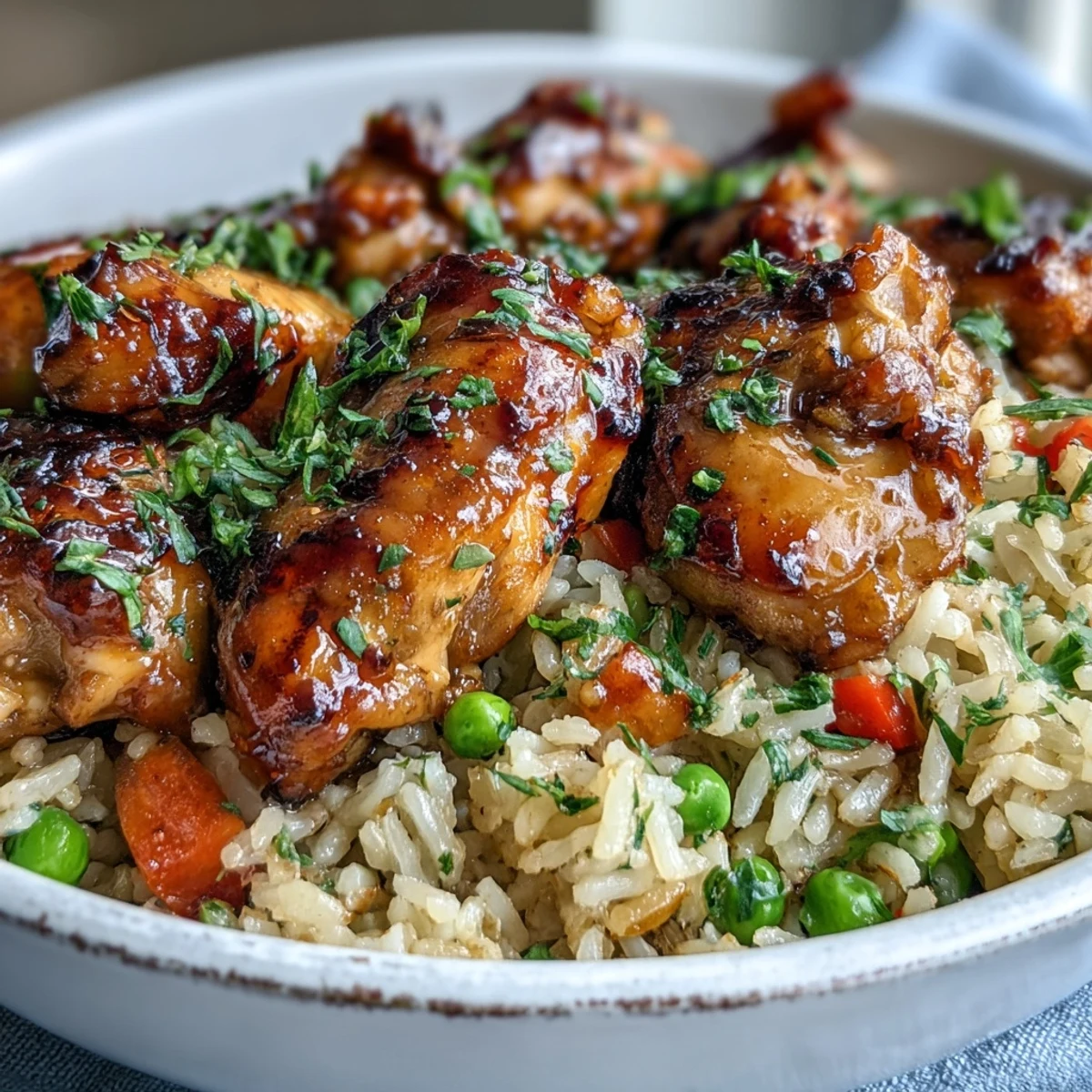 Glazed chicken pieces rest atop steamed rice and vegetables in a single skillet, ready for a family-style dinner.