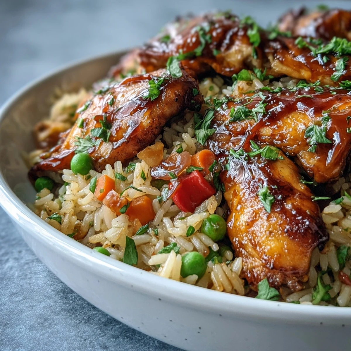 Steam rises from a plate of honey BBQ chicken rice topped with bright veggies and a squeeze of lime.