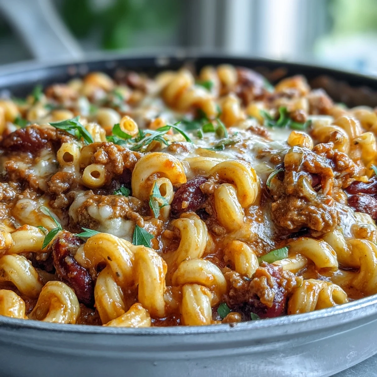 Hearty One-Pan High Protein Chili Mac with shredded cheddar and smoky spices bubbling in a skillet.